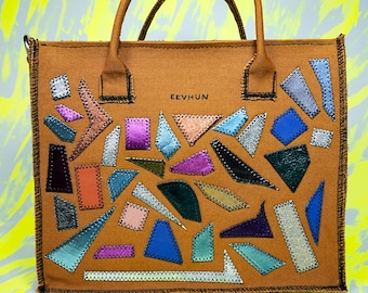 Medium Tote Bag in Brown Canvas With Mosaic Geometric Leather Details Handmade Genderless Upcycled