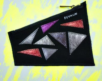 Handmade Black Canvas Pouch | Leather Triangles Sewn on Canvas Pencil Case, Hand Painted Logo Zip Wallet, Upcycled Unisex Geometric Pouch