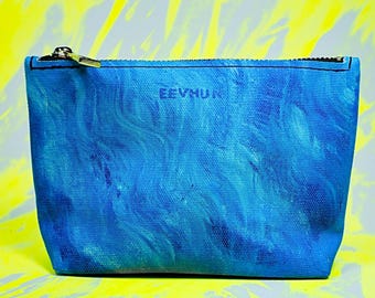 Hand Painted Sea Blue Cotton Canvas Pouch | Handmade Upcycled Utility Pouch, Colorful Mini Wallet, Sustainable Unisex Zip Bag, Painted Pouch