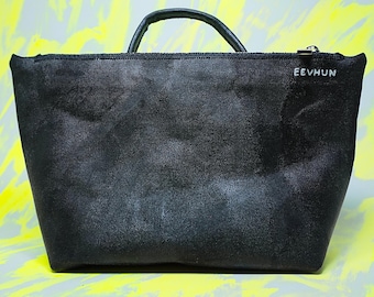 Handmade Black Handpainted Canvas Crossbody Bag With Handle