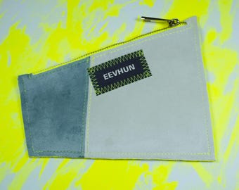 Handmade Bicolor Zipper Velvet Pouch | Upcycled Blue and White Velvet Pencil Case, Mini Clutch, Makeup Bag | One of a Kind Gift Idea