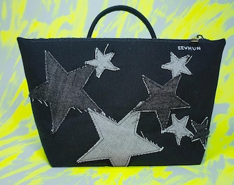 Handmade Black Canvas With Upcycled Denim STAR Design Crossbody Bag With Handle