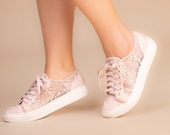 Bridal shoes sneakers blush with lace