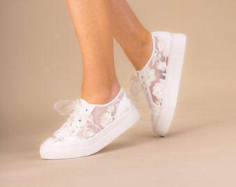 Brautschuhe Sneaker weiß/ivory mit Blumen Spitze