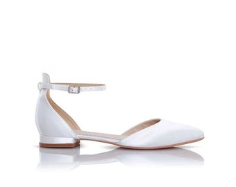 flache Brautschuhe Ballerina aus Satin Stoff mit Riemchen ivory