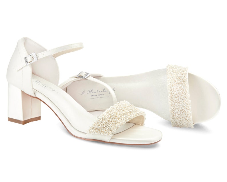 Brautpumps Sandale Schuhe aus Satin mit Perlen Ivory/creme W Bild 3