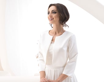 Bolero da sposa fatto a mano realizzato con giacca in tessuto di raso bianco - semplice ed elegante