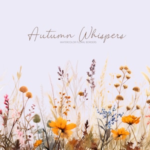 Aquarell Herbst Wildblumen-Blumenfeld Bordüren-Fall Pflanze-nahtlose Blumenbordüre-Grußkarte-Vorgefertigte Png Clipart-Digital Download