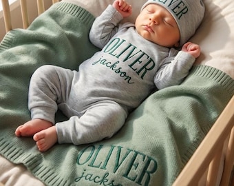 Conjunto de algodón orgánico bordado con nombre de bebé, manta de punto, mono y gorro personalizados para recién nacido, regalo para recién nacido, conjunto para volver a casa.