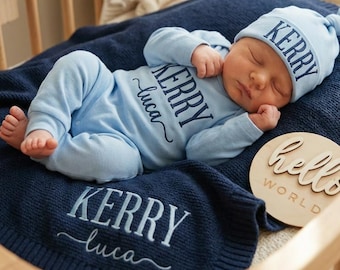 Personalized Embroidered Baby Outfit Set with Blanket, , Custom Newborn Romper and Hat, Newborn Gift, Coming Home Set, Baby Shower Keepsake