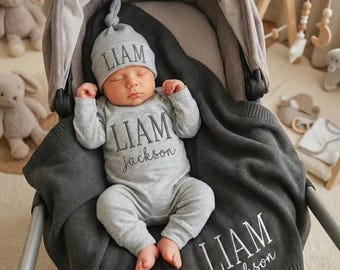 Conjunto de ropa con nombre de bebé bordado, manta, pelele y gorro personalizados para recién nacido, regalo para recién nacido, conjunto para el regreso a casa, recuerdo de baby shower.
