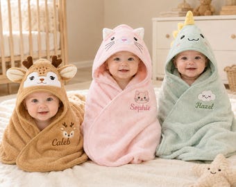 Asciugamano con cappuccio per neonati personalizzato con ricamo di animali, regalo per neonati, asciugamano da bagno personalizzato con nome, regalo per baby shower