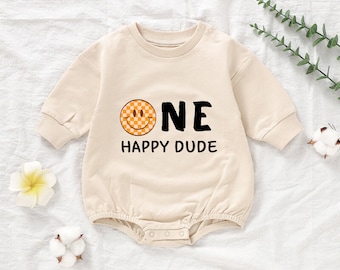 One Happy Dude Baby Onesie|Barboteuse 1er anniversaire de bébé|Cadeau de baby shower|Chemise pour bébé garçon|Barboteuse rétro à bulles naturelles pour tout-petit