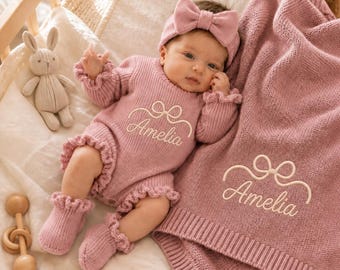 Personalized Knitted Baby Romper and Blanket Set, Custom Embroidered Coming Home Outfit, Newborn Photo Prop, Baby Shower Gift