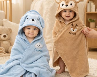 Serviette de bain à capuche personnalisée pour bébé, serviette de bain brodée avec le prénom et les animaux, cadeau de naissance