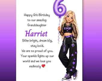 Personalised Birthday Card for Daughter, Granddaughter, Niece, Age 6 – K-Pop Style Girl
