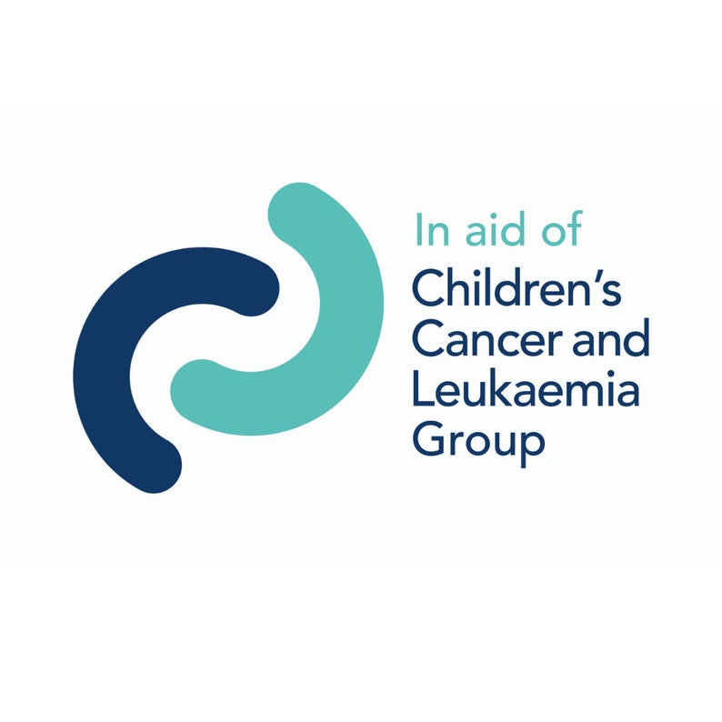May include: Logo for the Children's Cancer and Leukaemia Group. The logo features two interlocking, curved shapes in teal and navy blue. Text to the right reads "In aid of Children's Cancer and Leukaemia Group" in a dark blue font.