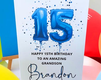 15th birthday blue foil balloons personalised Card.