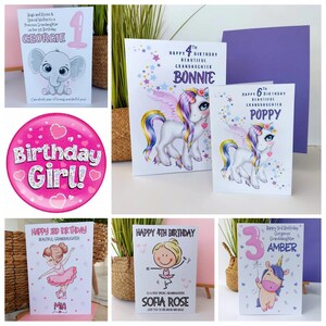 May include: A collection of birthday cards and a button. The cards feature illustrations of unicorns, elephants, and ballerinas, with text such as "Happy 4th Birthday" and "Birthday Girl!" The button is pink with the words "Birthday Girl!"