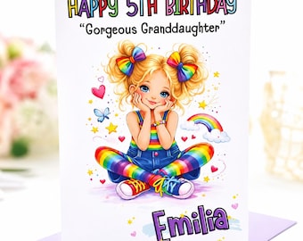 5th Birthday Girl Personalised Card. Granddaughter, Daughter, Niece. Any name. Any age. Any relationship.