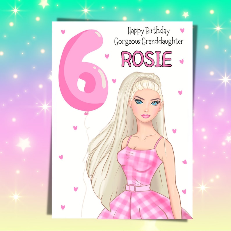May include: A birthday card featuring a cartoon illustration of a young woman with long blonde hair and blue eyes. The card has the text "Happy Birthday Gorgeous Granddaughter ROSIE" and a pink number 6 balloon.
