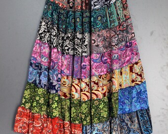 Flowy Patchwork Skirt, Summer Bohemian Long Maxi Skirt, Tiered Layer Skirt, Hippie Boho Festival Skirt, Recycled Silk, Retro Fairy Skirt