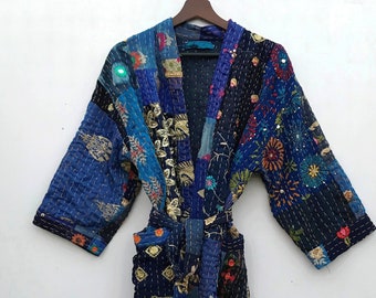 Vestaglia kimono Kantha, giacca cappotto, giacca cappotto in 100% cotone con ricamo patchwork, cucito a mano, kimono patchwork bohémien, vestaglia
