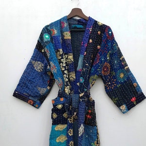 Kantha kimono-morgonrock, jacka, 100 % bomull med lapptäcke och broderi, handsydd, bohemisk kimono med lapptäcke, morgonrock