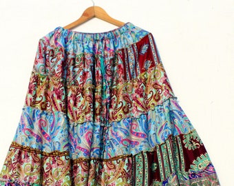 Indian Handmade Patchwork Skirt For Women's, Long Patchwork Maxi Skirt, Women’s Hippie Patchwork Skirt, Free Size Rayon Patchwork Skirt