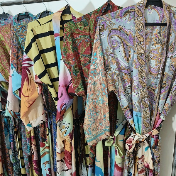 Hippie Bohemian Patchwork Silk Kimono, Recycled Silk Bell Sleeve Boho Dress, beautiful robe dress, bridesmaid robe, One of a Kind Gift