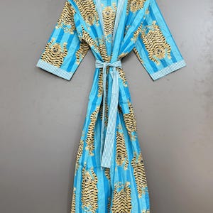 Turquoise Tiger Kimono, Blue Animal Print Duster, Boho Long Robe, Safari Print Cover Up, Colorful Wrap Jacket, Resort Wear