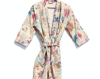 EXPRESS SHIPPING-Fruit Print Kantha Coat, Bath Overcoat, Cotton Kantha Coat, Women's Jacket, Kantha Kimono
