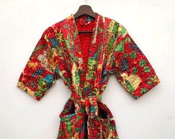 Red farida kahlo Print Short jacket Kantha Jacket, Handmade Quilted Jacket, Kantha Robe, Dressing Gown, Kantha Coat