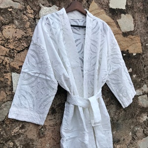 White Indian Cut Work Kantha Kimono, Winter Long Jacket, Soft Cotton Dress, Gift For Her, Bridal Dressing Gown, Indian Kimono