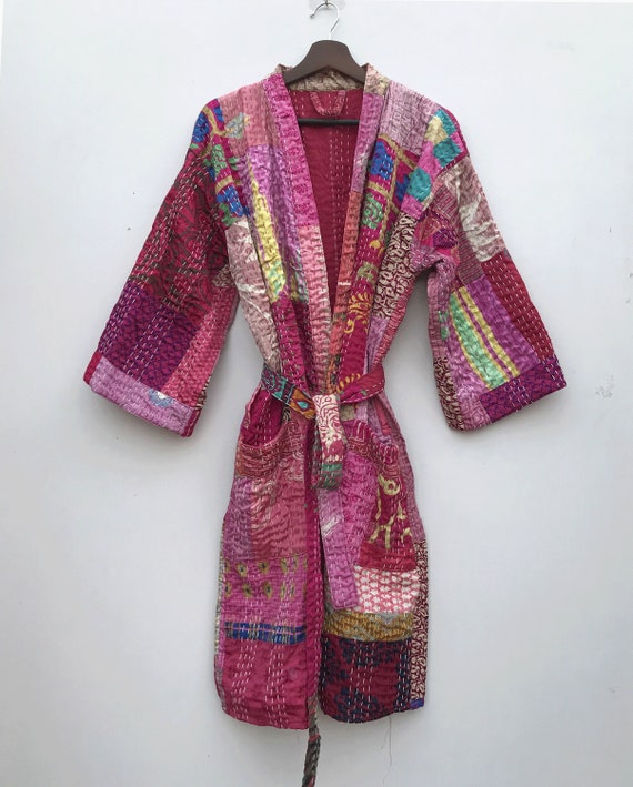 Silk Kantha Patchwork Print Beach Long Kimono Gow… - image 1