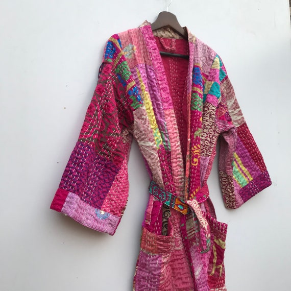 Silk Kantha Patchwork Print Beach Long Kimono Gow… - image 6