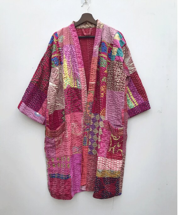 Silk Kantha Patchwork Print Beach Long Kimono Gow… - image 3