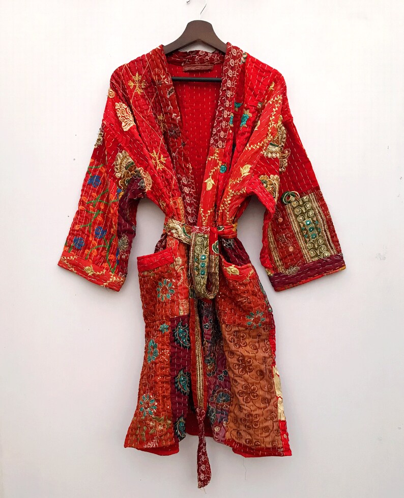Kantha kimono-morgonrock, jacka, 100 % bomull med lapptäcke och broderi, handsydd, bohemisk kimono med lapptäcke, morgonrock bild 3