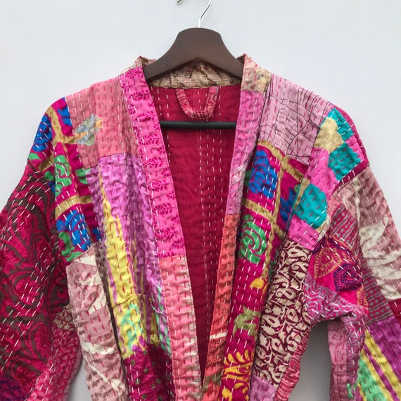 Silk Kantha Patchwork Print Beach Long Kimono Gow… - image 2