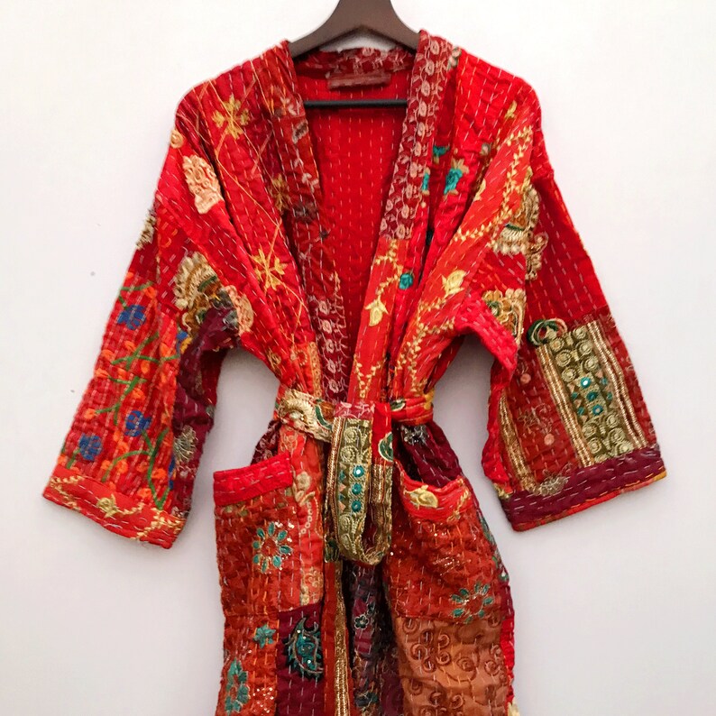 Kantha kimono-morgonrock, jacka, 100 % bomull med lapptäcke och broderi, handsydd, bohemisk kimono med lapptäcke, morgonrock bild 5