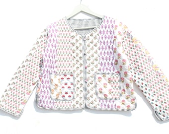 Handmade Patchwork Jacket, Hand Stitched Cotton Patchwork Jacket, Cotton Sari Kantha Coat, Short Jacket, Patch work coat, Patch Work jacket