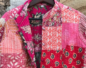 Handmade Patchwork Jacket, Hand Stitched Cotton Patchwork Jacket, Cotton Sari Kantha Coat, Short Jacket, Patch work coat, Patch Work jacket