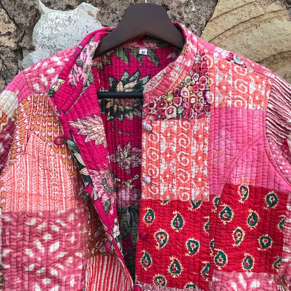 Handmade Patchwork Jacket, Hand Stitched Cotton Patchwork Jacket, Cotton Sari Kantha Coat, Short Jacket, Patch work coat, Patch Work jacket