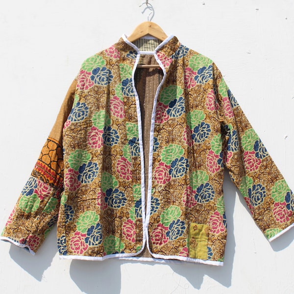 vintage Charm Cotton Kantha Kimono Style Veste ouverte en veste extérieure multicolore | Veste ouverte femme | Mode faite à la main