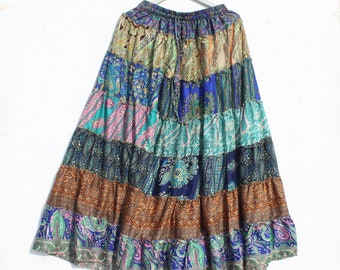 Flowy Patchwork Skirt, Summer Bohemian Long Maxi Skirt, Tiered Layer Skirt, Hippie Boho Festival Skirt, Recycled Silk, Retro Fairy Skirt