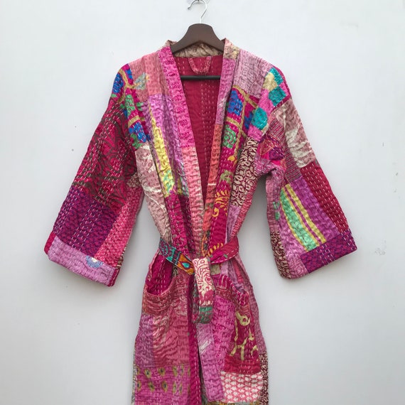 Silk Kantha Patchwork Print Beach Long Kimono Gow… - image 5
