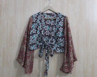 Seda Boho Flare Bell Sleeve Tie Top Boho Wrap Top 70s Estilo Fashion Festival Crop Top 3 Way Bell Sleeve Tie Hippie Top Vintage Style TOP