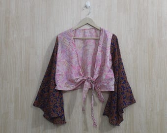 Nueva blusa cruzada de seda con mangas acampanadas de estilo vintage para mujer, blusa tipo túnica de seda envolvente para verano