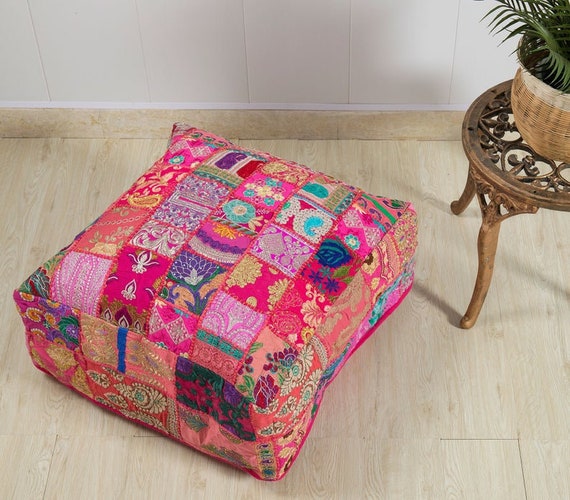 Bohemian Floor Cushions Decorative Cushion Cover, Sari Patchwork