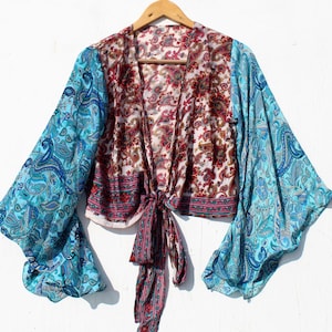 Wrap Top jaren &#39;70 Festival /Bell Sleeve Crop Top/Stropdas Front Bell Sleeve Top/Festival Crop Top/Front Tie Front of Back Crop/Silk Crop top